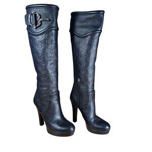 Gucci Knee High Monogram GG Guccissima Black Leather Boots Size EU 37 US 7